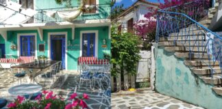 Το χαρακτηριστικό μπαρ με τους τιρκουάζ τοίχους στη Νικήτη που σε μεταφέρει σε κυκλαδίτικο σοκάκι