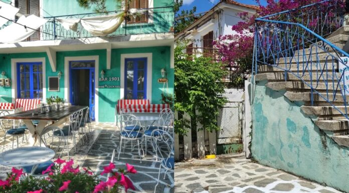 Το χαρακτηριστικό μπαρ με τους τιρκουάζ τοίχους στη Νικήτη που σε μεταφέρει σε κυκλαδίτικο σοκάκι